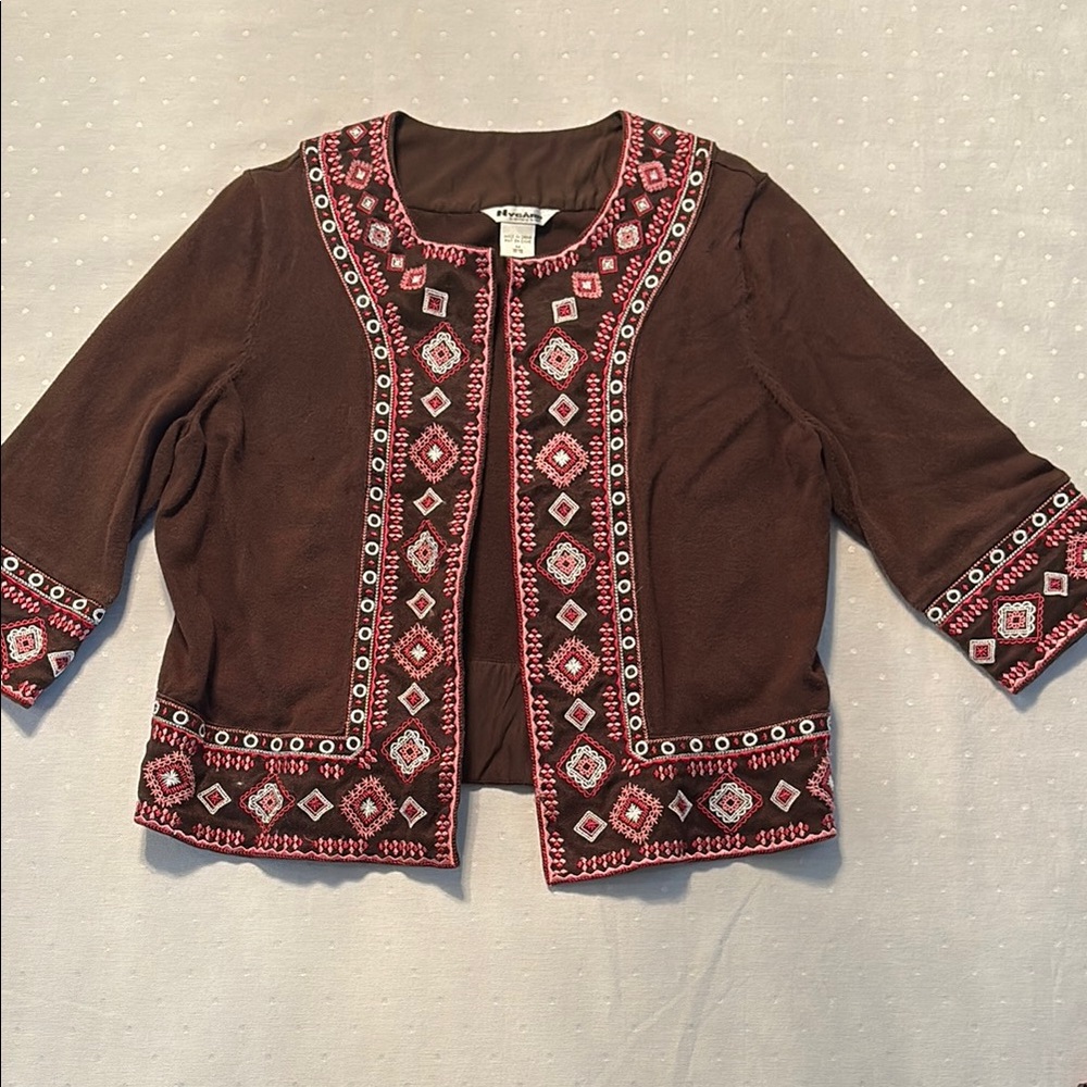 Nygard Collections Brown and Pink Embroidered Bolero Style Sweater